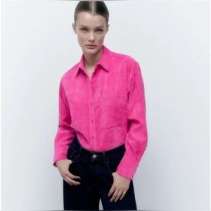 Zara New Without Tag Vibrant Pink Fine Wated Long Sleeve Corderoy Shirt Sz XS